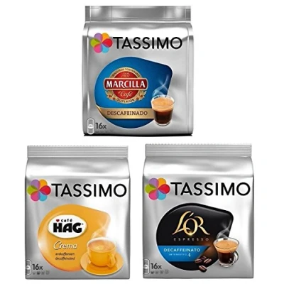 Image of Tassimo 3 Decaf Variety Bundle 1 x Marcilla Espresso Decaf, Cafe Hag Crema LOR (All Decaffeinated Total 48 Servings/Discs)