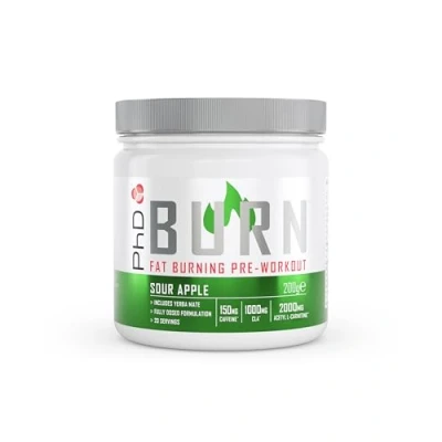 Image of PhD Burn pre Workout Powder with L Carnitine for Women and Men, Rich in CLA, High Caffeine Workout, Sour Apple Flavour, 20 Servings (200g)