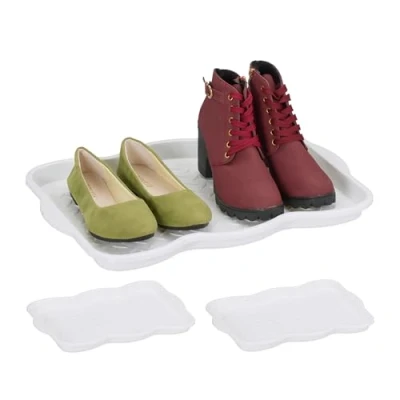 Image of Relaxdays Shoe Drip Tray, Set of 3, Plastic, Hallway Storage for Muddy or Wet Boots &amp; Trainers, 3 x 48 34 cm, White