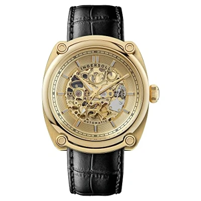 Image of Ingersoll 1892 The Michigan Mens 45mm Automatic Watch with Gold Dial and Black Leather Strap I13303