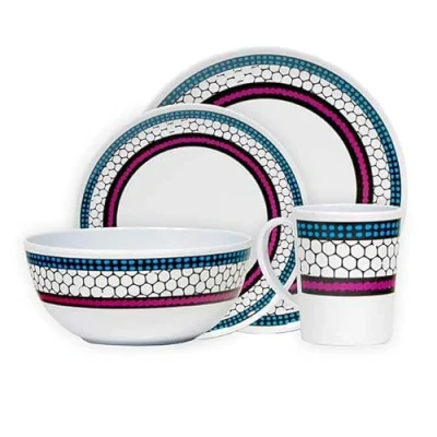 Image of Leisurewize LWACC380 Melamine 16 Pcs Dinner Set Plates, Bowls, Mugs, Side Plates Honeycomb Art, Heat Resistant, Dishwasher Safe Portable Dinnerware