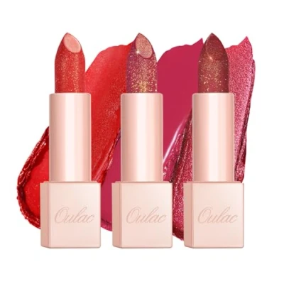 Image of Oulac Pink Glitter Moisturising Lipstick Set Red Shimmer Lipsticks for Women, Hydrating &amp; Smooth, Diamond Finish, Creamy Sparkling Formula(PG02+PG14+D03)