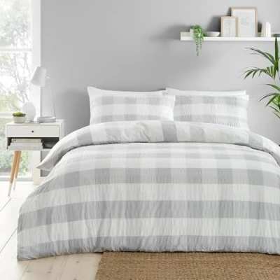 Image of Fusion Silver Check Seersucker Duvet Cover Single Bedding Size (140 x 200cm) Reversible Design (Stripes) Soft Touch Puckered Effect Light Grey &amp; White Flannelette/Gingham Bed Set
