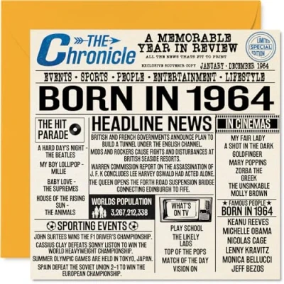 Image of 60th Birthday Cards for Men Women Born In 1964 Newspaper Happy 60 Card Grandad Grandma Nan Vintage Retro Back 1964, 145mm x Sixty Sixtieth Bday Greeting