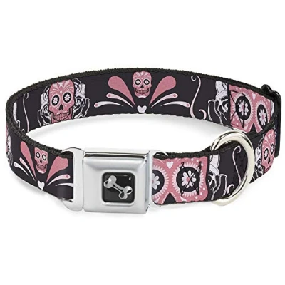 Image of Buckle Down Seatbelt Dog Collar Sugar Skulls Gray/Pink 1&quot; Wide Fits 15 26&quot; Neck Large