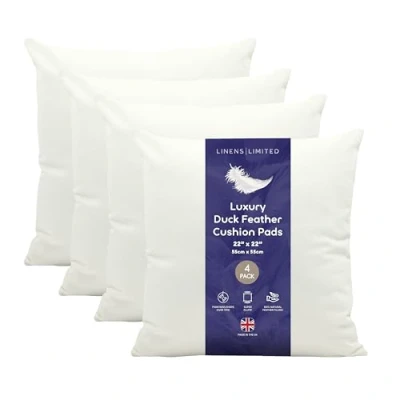 Image of Linens Limited Cushion Insert 55cm x 55cm, Soft &amp; Plump Natural Duck Feather Sofa Pad, Elegant, Versatile, Easy to Clean, Large Square Inner, Perfectly Fits Covers (White) (4 Pack)