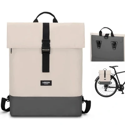 Image of LARKSON Bike Pannier Bags Sand Grey Tammo 2 in 1 Cycle Backpack &amp; Bicycle Bag for Rear Carrier, Made of Recycled Material Water Repellent