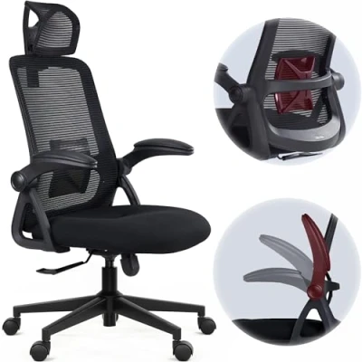 Image of Realm of Thrones CAPTAIN Ergonomic Office Chair, Metal Base Heavy Duty Home Mesh Desk Chair with Flip up Armrests, Saddle inspired Seat Cushion, Adjustable Lumbar Back Support/Headrest (Black)