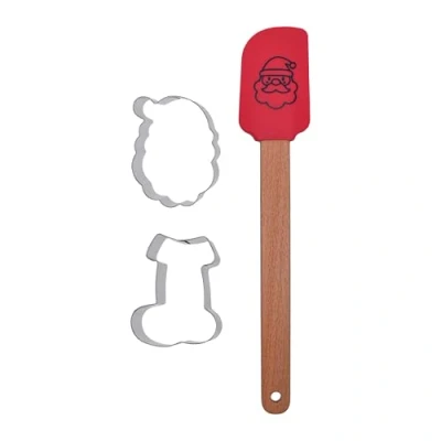 Image of Zenker Christmas Baking Set, Silicone Spatula &amp; 2 Cookie Cutters, Santa Stocking, Non Stick Scratch with Father Motif, Stainless Steel Red Silver Cutters