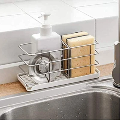 Image of Timpou 304 stainless steel sponge holder, multifunctional for kitchen sink, sink organizer, dish drainer tray, soap dish, adjustable hanging panel, adhesive hooks