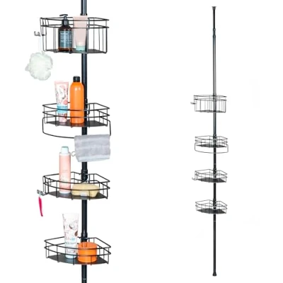 Image of bremermann Telescopic Corner Shelf, 4 Baskets, 2 Hooks, Pole up to max. Approx. 290 cm, Height Adjustable Rustproof Shower Clamp Shelf No Drilling, Bathroom (black)