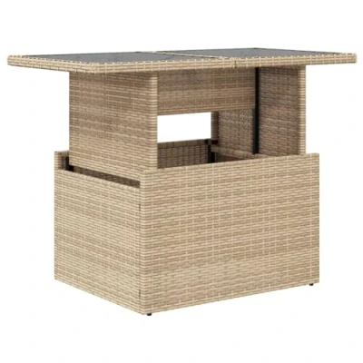 Image of vidaXL Garden Table with Glass Top Adjustable Outdoor Dining Coffee Table, Beige Poly Rattan, 100x55x44/73 cm
