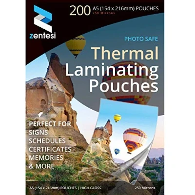 Image of Zentesi A5 Laminating Pouches High Gloss Laminator Sleeves 250 Micron (125 + 125 Microns) Glossy Laminate Pouch Sheets Pack of 200