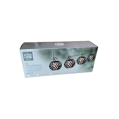 Image of Set of 10 Flickering Flame Lantern String Lights Solar Powered Garden Warm White LEDs