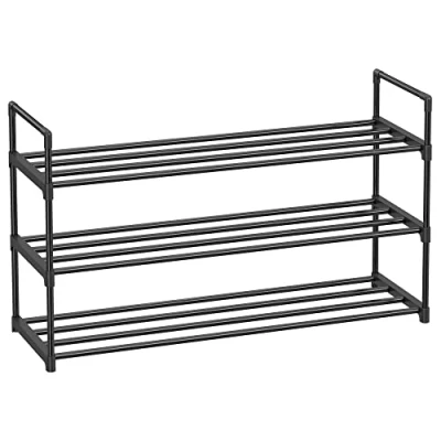 Image of SONGMICS 3 Tier Shoe Rack, Storage Organiser, Set of 2 Metal Stackable Shelf, for Hallway, Living Room, Bedroom, Cloakroom, 30 x 92 54 cm, Black LSA06BK
