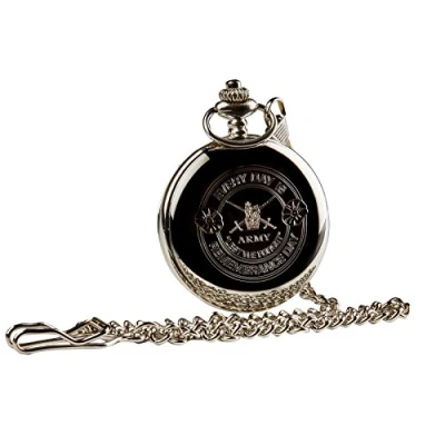Image of British Army Pocket Watch Remembrance Day Badge Crest Silver with Chain in Wooden Case