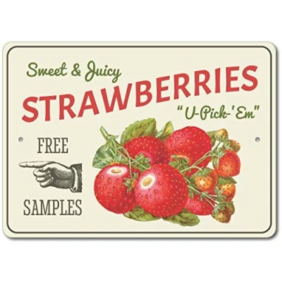 Image of TNND Strawberries Sign Berry Kitchen Decorstrawberry Farm Aluminum Tin 8x12 inch