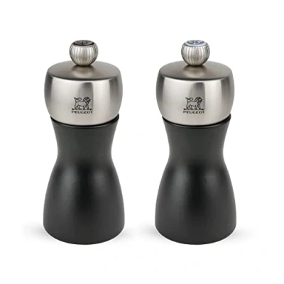 Image of Peugeot Fidji Salt &amp; Pepper Mill Set, Beechwood Stainless Steel, Matt Black, 12 cm