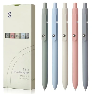 Image of FIOVER 5pcs Gel Pens Quick Dry Ink Fine Point Premium Retractable Rolling Ball Black Smooth Writing for School Office Home Supplies, Gift Women and Men (Morandi)
