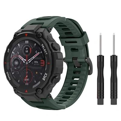 Image of MoKo Strap Compatible with Amazfit T Rex/T Rex Pro Smartwatch, Soft Silicone Sports Replacement Watch Band Waterproof Breathable Wristband Bracelet Tools, Olive Green