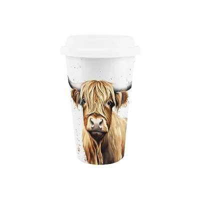 Image of Reusable Highland Cow Ceramic Travel Mug Farm Animal Gift Silicone Lid Double Walled Insulated Hot/Cold Drinks Tea Coffee