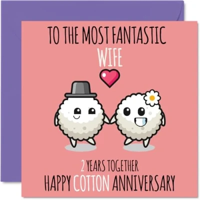 Image of Cute Cotton Anniversary Card for Wife 2 Years Together Happy 2nd Wedding Cards from Husband, 145mm x Greeting Second Anniversaries