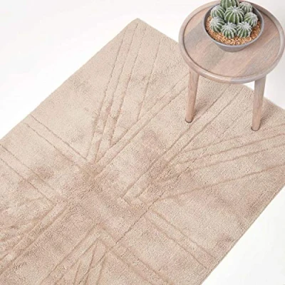 Image of HOMESCAPES 100% Cotton Washable Tufted Rug Union Jack Plain Embossed Mat Mink Beige 50 x 80 cm Bath or Interior