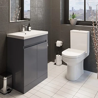 Image of Affine Bathroom Vanity Unit Basin &amp; Close Coupled Toilet Cloakroom Suite Furniture Set Ceramic Sink 1 Tap Hole Soft Seat Grey Gloss