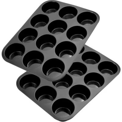 Image of Belmalia 2 Silicone Muffin Moulds, 12 Holes, Non Stick Coating, Cupcake Muffins Tin Black