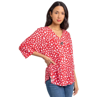Image of Roman Originals Women Abstract Spot Button Detail Top Ladies Spring Everyday Summer Evening Vacation Work Holiday 3/4 Sleeve Smart Casual Red Size 14