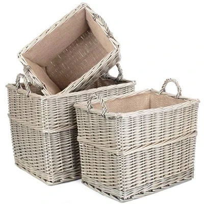Image of Red Hamper Set of 3 Rectangular Hessian Lined Wicker Log Storage Basket, Rattan