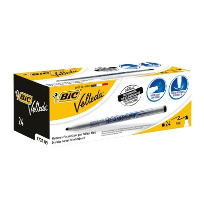 Image of BIC Velleda, Dry Wipe Whiteboard Marker Pens, Fine Bullet Tip for Precision, in Black, Box of 24 Markers
