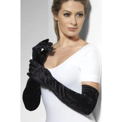 Image of Smiffys Velveteen Gloves, Black Long, Fever Gloves Fancy Dress, Dress Up Accessories