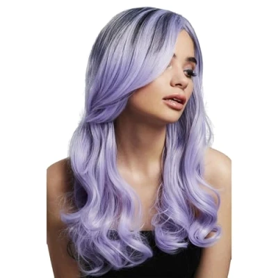 Image of Smiffys Fever Khloe Wig, True Blend, Lilac Long Wave, Centre Parting, 56cm/22in, Wigs Fancy Dress, Halloween Dress Accessories Up