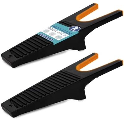 Image of HEFTMAN Boot Jack 2 Pack Heavy Duty Welly Remover, Sturdy Plastic Puller for Easy Removal of all Types/Sizes Boots with Anti Slip Rubber Grip &amp; Shoe Scraper Removes Mud (Black/Orange)
