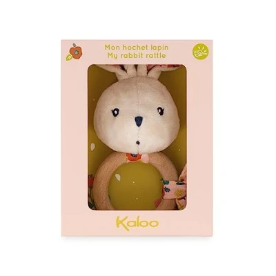 Image of Kaloo K&#039;doux Baby Rattle FSC Wood Ring Rabbit Plush with Rustling Paper Promotes Development Stimulates The Senses Poppy Pattern 0 Months +, K216002