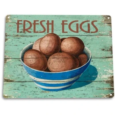 Image of Metal TIN Sign 8x12 inches Fresh Eggs Bowl Farm Kitchen Chicken Pen Rustic Decor