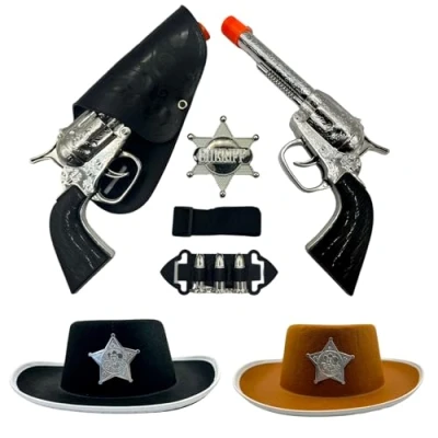 Image of FNA FASHIONS 10 Piece Kids Sheriff Costume Set and Cowboy Hat Western Rider Hat, Twin Holster Belt &amp; Toy Guns Fancy Dress Role Play with Badge, Bullet More Ages 3