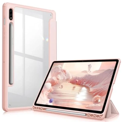 Image of FINTIE Case for Samsung Galaxy Tab S8 11 Inch 2022 / S7 2020 [Stylus Storage] Transparent Back Cover Shockproof Auto Sleep/Wake Pouch, Rose Gold