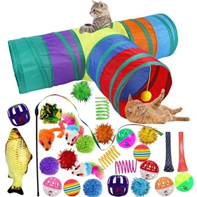 Image of Ywediim Cat Interactive Toys, Including Fluffy Mouse, 2 or 3 Way Hole Tunnel, Catnip Fish, Mice, Teaser Wand, Toy Woven Springs, Colorful Crinkle Balls, and Bells for Indoor Cats Kitten