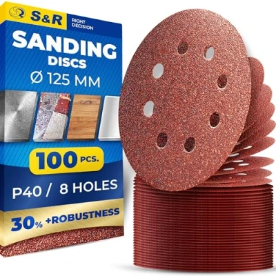 Image of S&amp;R 125 mm Sanding Disc Set, 8 Hole, 100 Pcs. P40 Grit, Hook and Loop Discs for Orbital Sanders (P40 pcs.)