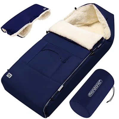 Image of MONZANA® Baby Footmuff with Hand Warmer Reflective Strips Cuddly Winter Blanket Lockable Headrest 5 Point Belt Compatible Zip Removable Washable for Strollers Prams 90x60cm Navy Blue
