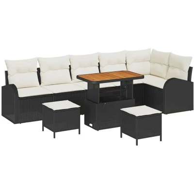 Image of vidaXL 9 Piece Garden Sofa Set with Cushions Black Poly Rattan Acacia