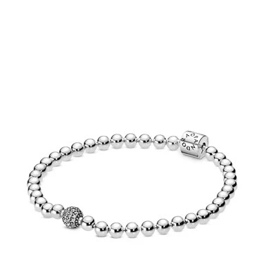 Image of PANDORA Signature Women&#039;s Sterling Silver Beads and Pavé Cubic Zirconia Bracelet, Size 17, No Box