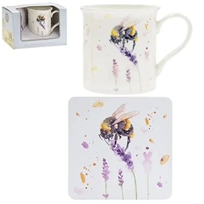 Image of Bumble Bee on a Lavender Plant Fine China Mug &amp; Coaster Boxed Set