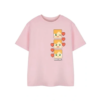 Image of Minecraft Girls Pink Alex Graphic Tee Game Theme Crew Neck Top Classic Short Sleeve Pull On Shirt Casual Wear Apparel for Kids