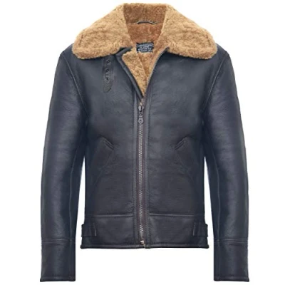 Image of Mens Sheepskin Jacket B3 Flying Leather Classic RAF Aviator Pilot Brown Cream S