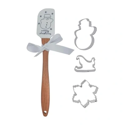 Image of Zenker Christmas Baking Set, Silicone Spatula &amp; 3 Cookie Cutters, Snowman, Sleigh Snowflake, Non stick Scratch with Snowman Motif, Stainless Steel White Silver Cutters