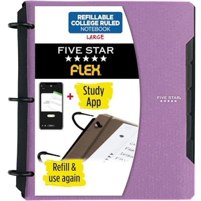 Image of Five Star Flex Refillable Notebook + Study App, College Ruled Paper, 1 Inch TechLock Rings, Pockets, Tabs and Dividers, 200 Sheet Capacity, Purple (29328AB6)