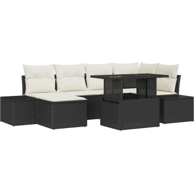 Image of vidaXL 7 Piece Garden Sofa Set with Cushions Black Poly Rattan